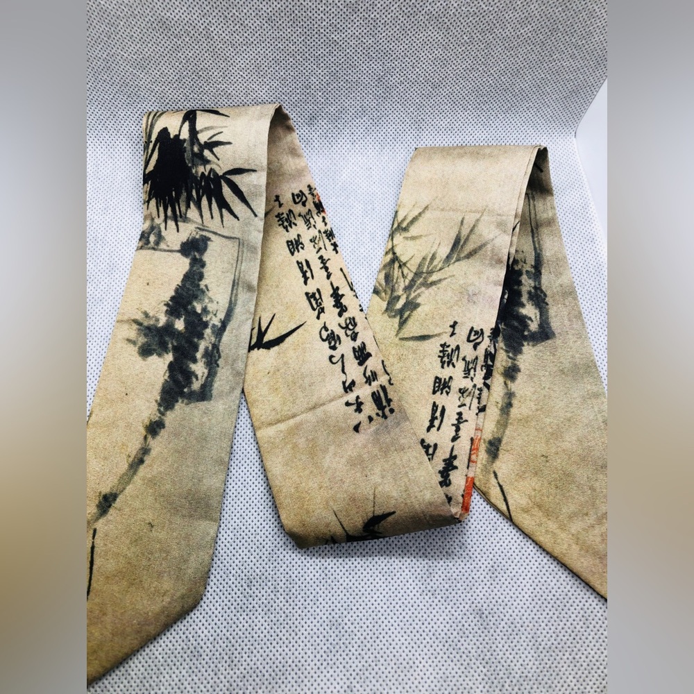 Asian Calligraphy Scarf Tie in Antique Beige and Black